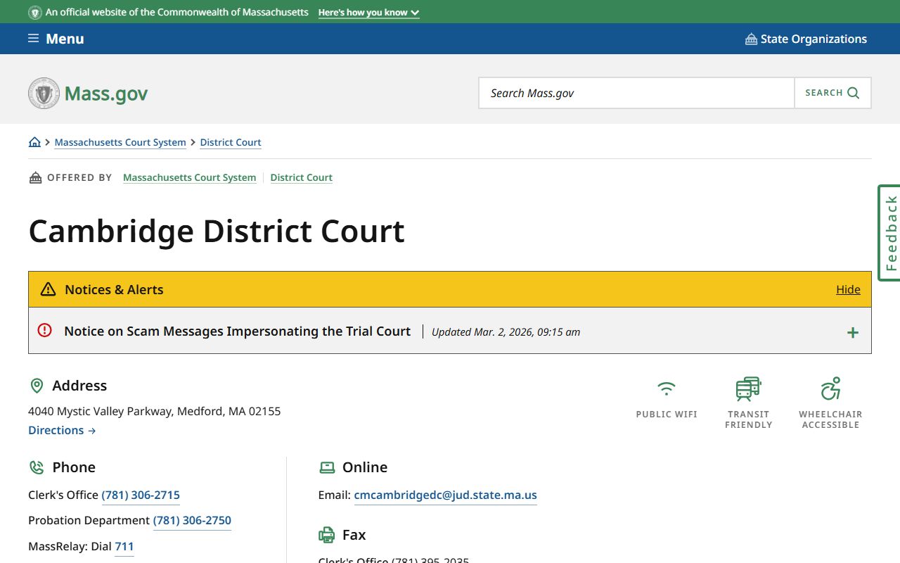 Cambridge District Court location page for Cambridge court records