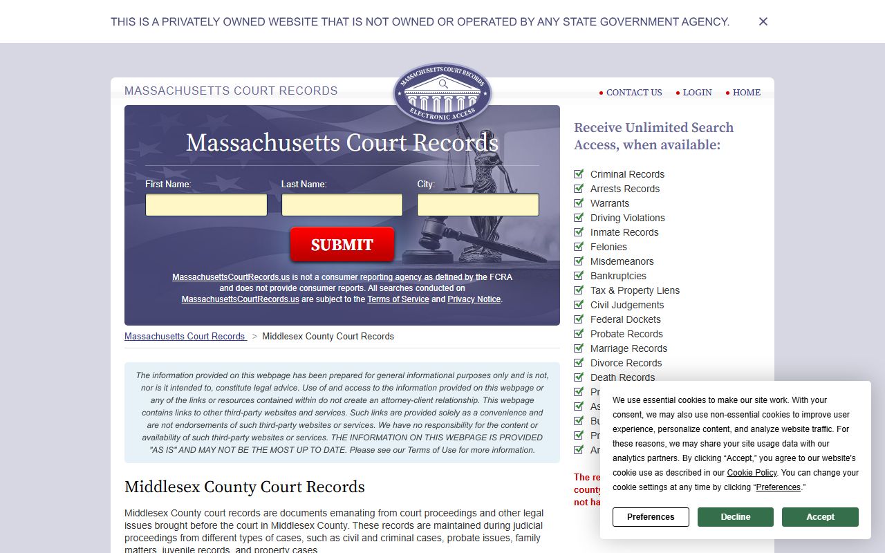 Middlesex County court records directory for Framingham