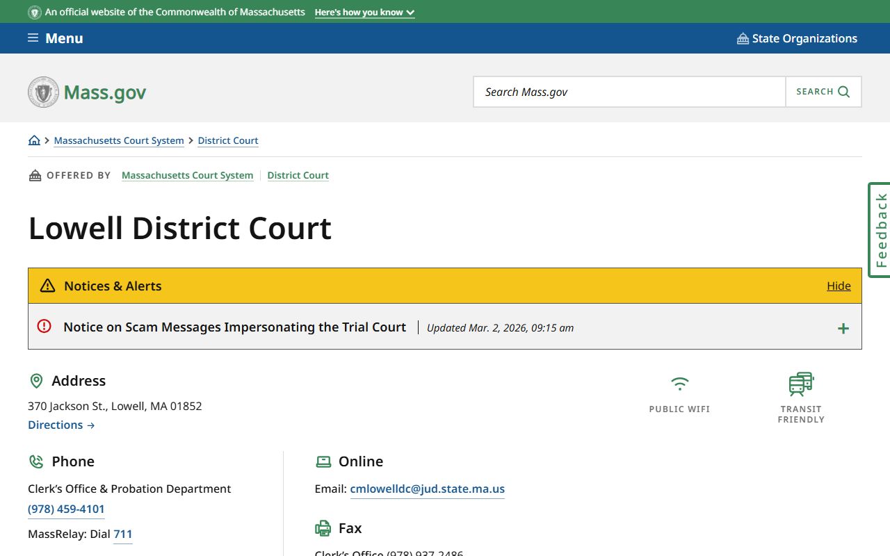 Lowell District Court location page for Lowell court records