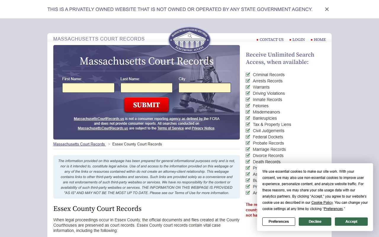 Essex County court records directory for Peabody area