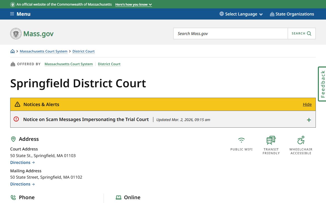Springfield District Court location page for Springfield court records