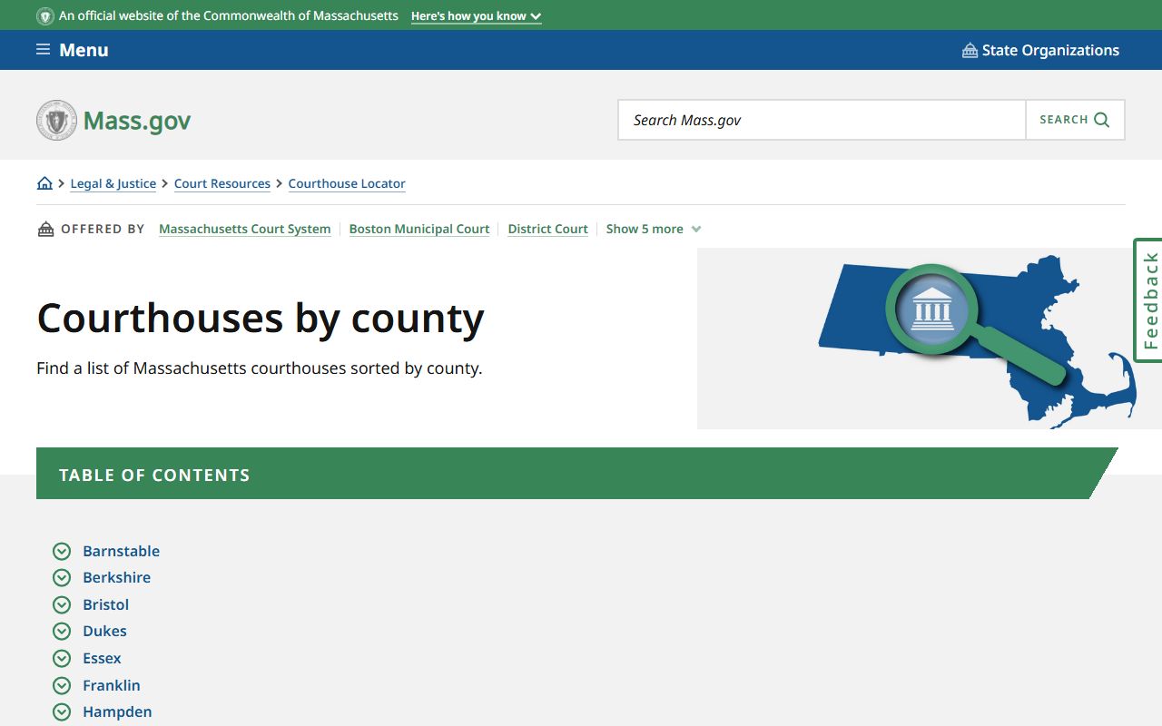 Norfolk County courthouses directory showing court locations and addresses