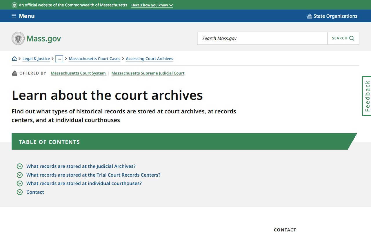 Massachusetts court archives page showing access to historical court records