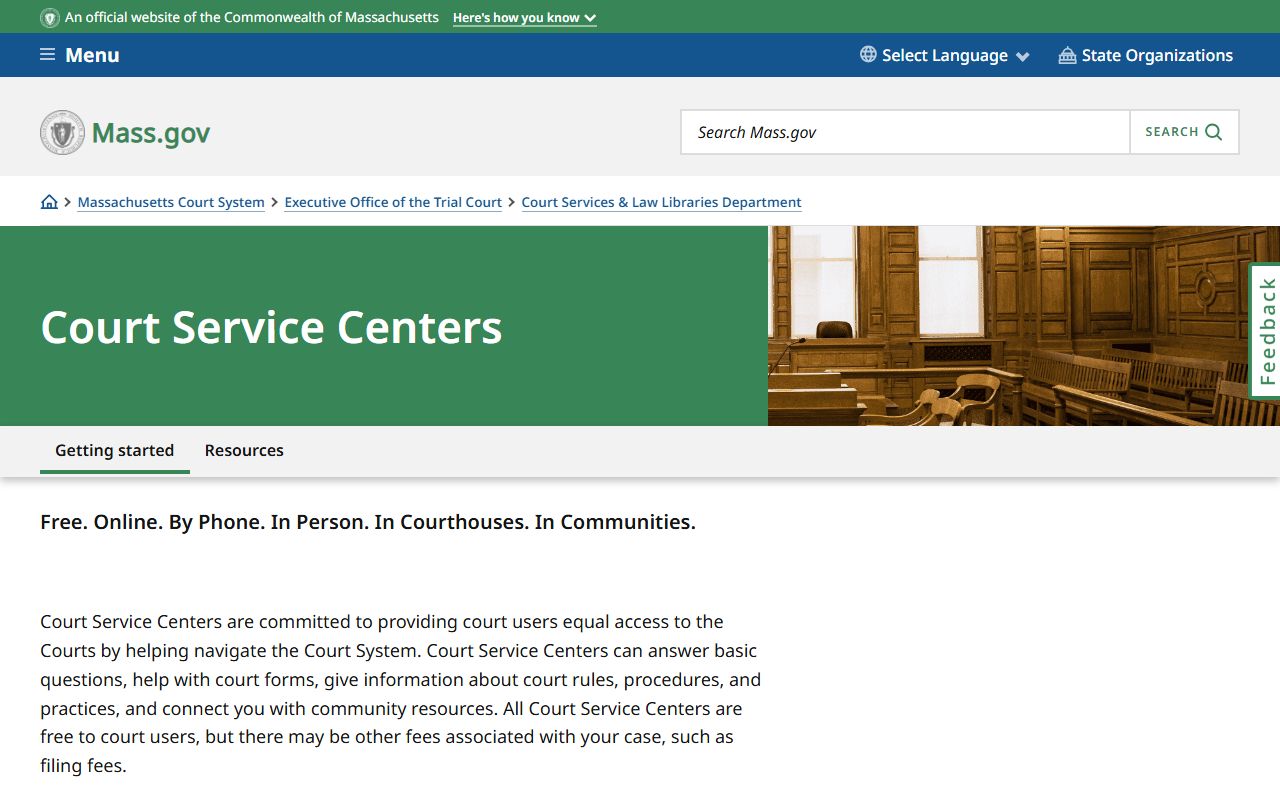 Massachusetts Court Service Centers page offering free self-help assistance