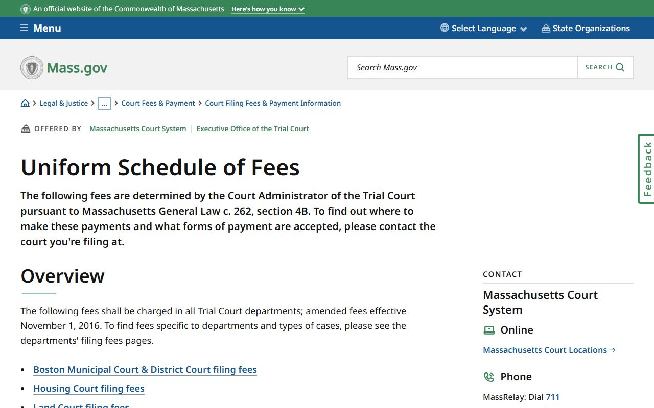 Massachusetts uniform court fee schedule showing copy costs and filing fees
