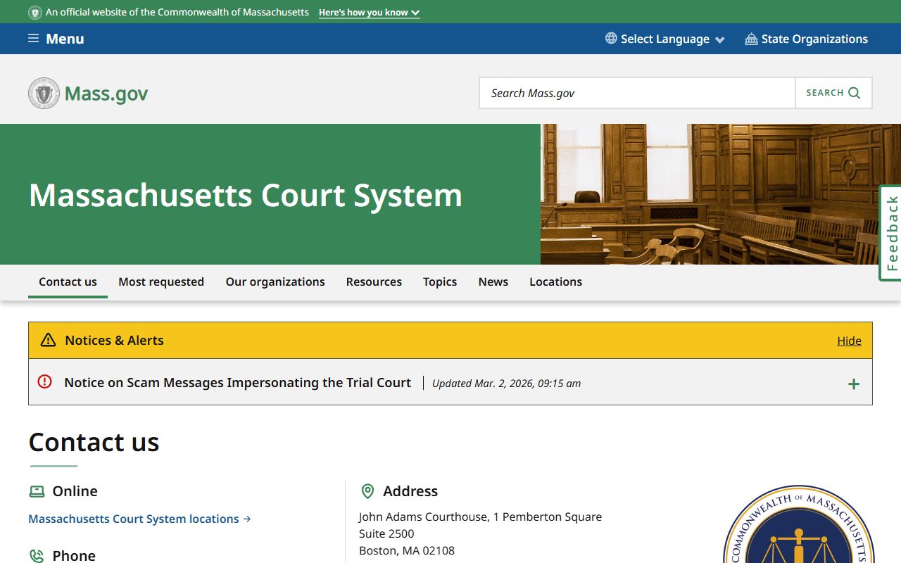 Massachusetts court system official website showing court types and departments
